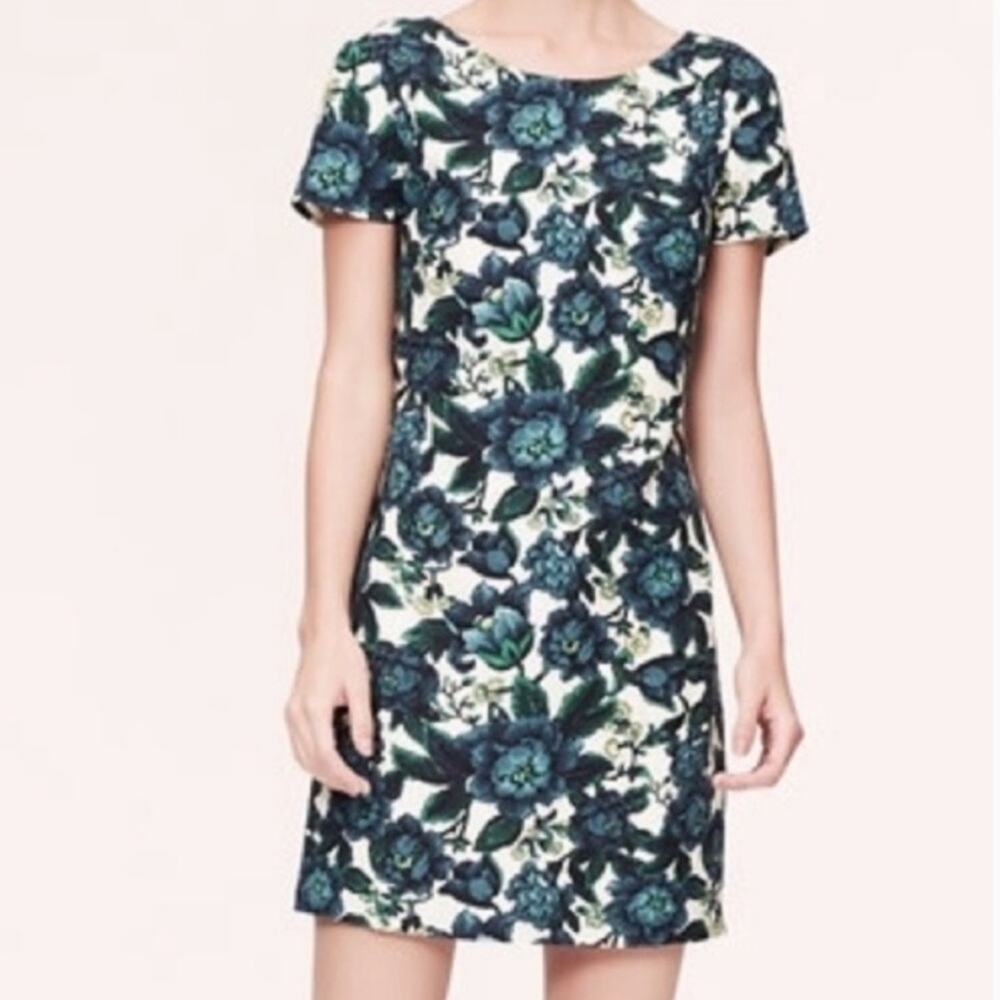 LOFT Blue Floral Linen Blend Shift Dress Size 0